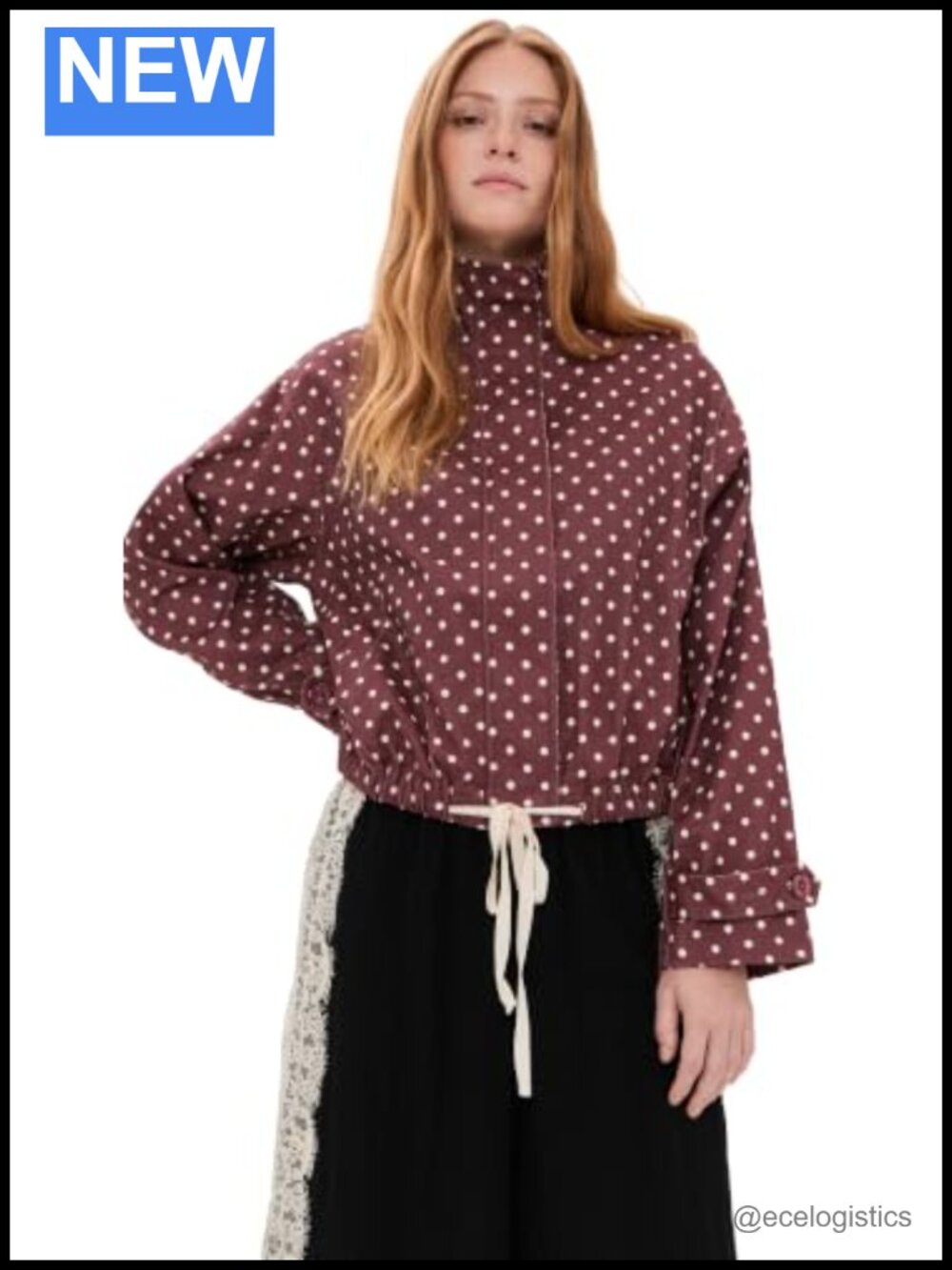 Women's Polka Dot Twill Jacket Funnel Neck Snap Flap Hidden Zip